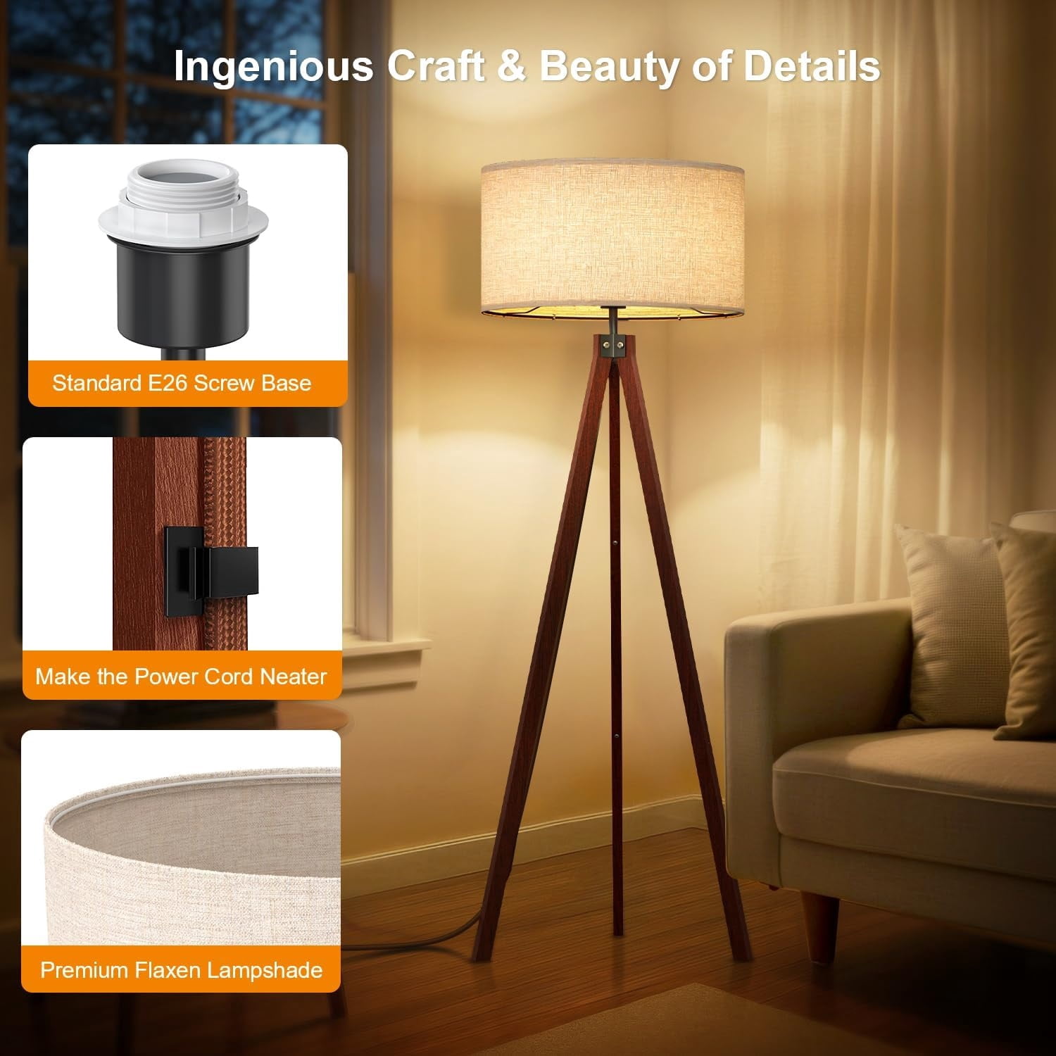 Wood Tripod Floor Lamp, Modern Studying Light for Living Room, Bedroom, Study Room and Office, Flaxen Linen Shade with E26 Base Brown