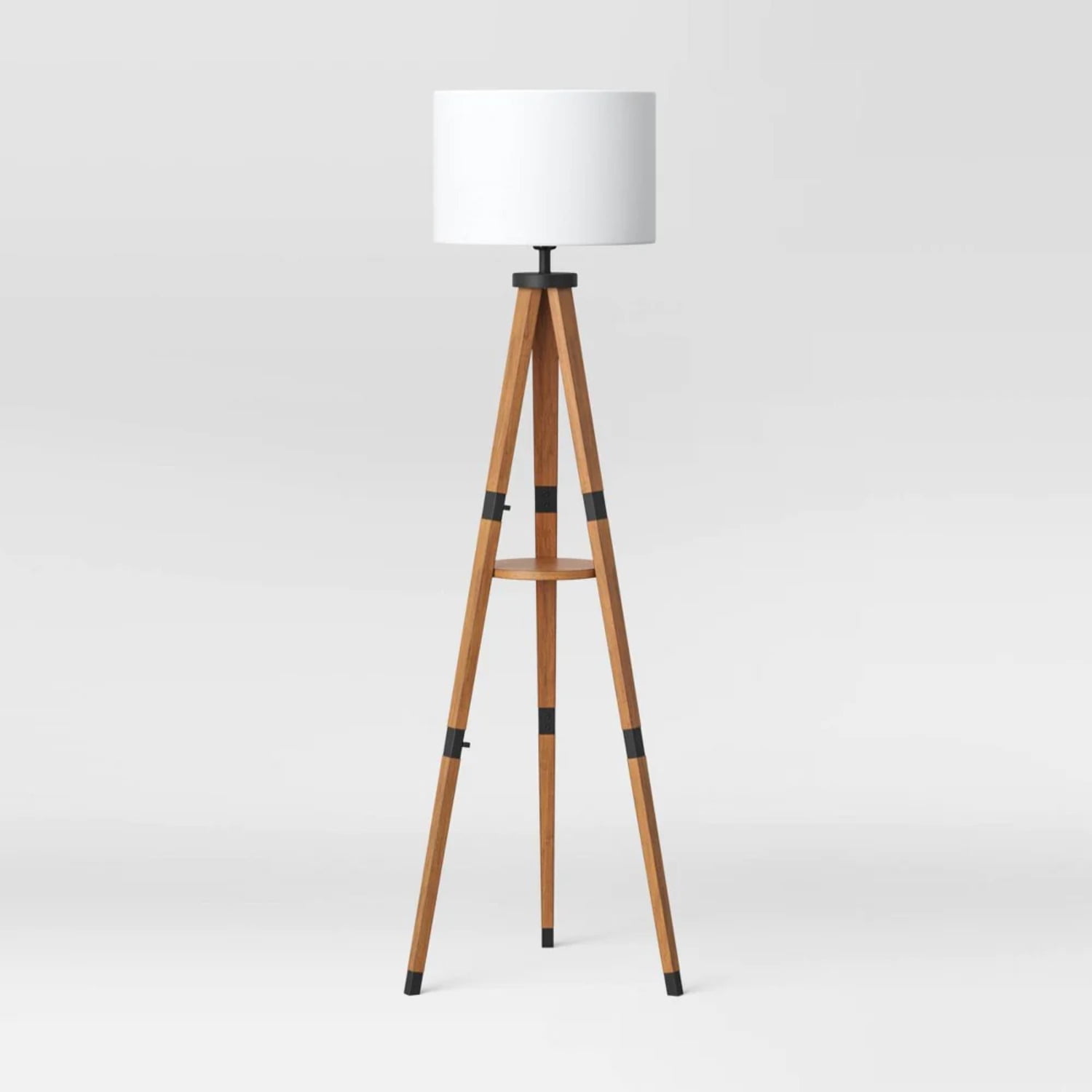 Wood Tripod Floor Lamp with Shelf Brown