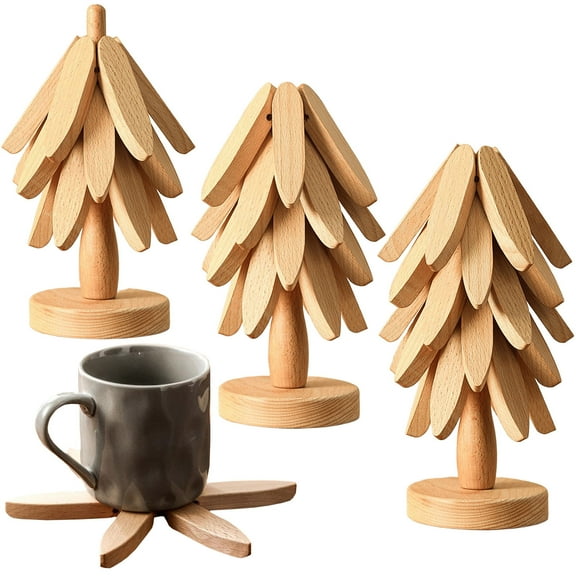 Wood Trivet Tree,Natural Tree Trivet Set,Wood Tree Trivet Set, Natural Tree Trivet Set Wooden Trivets & 1 Stand Like A Christmas,Foldable Kitchen Wooden,For Hotdishes Pot Bowl Teapot Hot Pot Holder