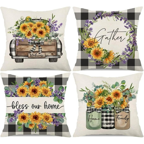 Wood Truck Sunflower Spring Throw Pillow Covers 18x18 Set of 4 Yellow Floral Outdoor Spring Summer Decor Farmhouse Lumbar Decorative Throw Pillows Cases Decorations for Couch Sofa Porch