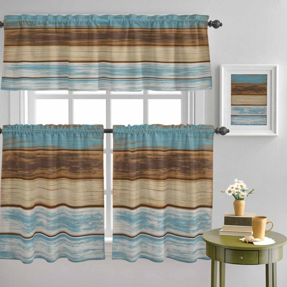 Wood in Turquoise Beige Curtain Tier and Valance Set 3 Piece, Rustic Farmhouse Background 3-inch Rod Pocket Window Tier Curtains Valance for Kitchen Living Room