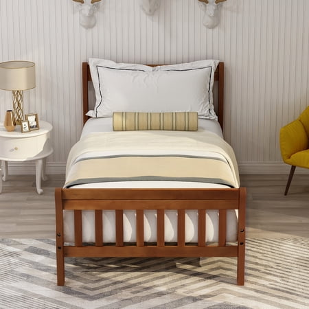 Wood Twin Bed Frame with Headboard and Footboard, Twin Platform Bed with Wood Slat Support, Mattress Foundation, No Box Spring Needed, Easy Assembly, Twin(Oak)