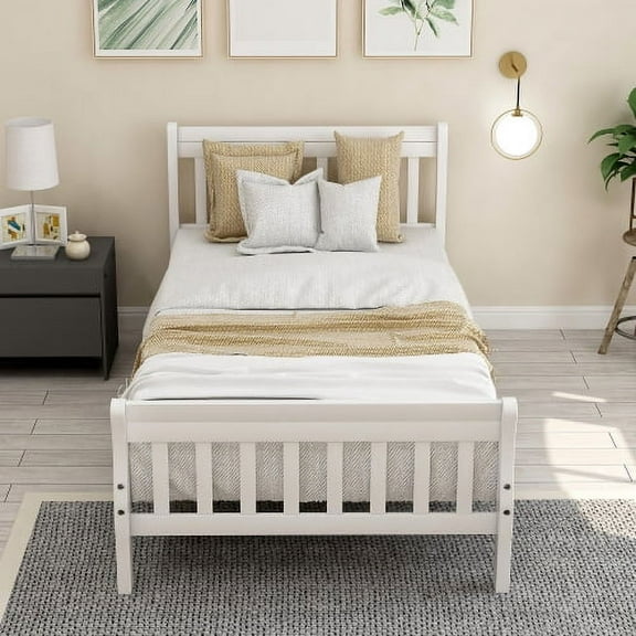 Wood Twin Bed Frame with Headboard and Footboard, Twin Platform Bed with Wood Slat Support, Mattress Foundation, No Box Spring Needed, Easy Assembly, Twin(White)