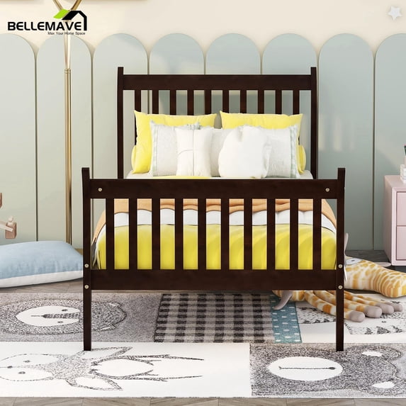 Wood Twin Bed Frame with Headboard and Footboard, Kids Twin Bed Frames No Box Spring Needed for Boys and Girls, Espresso