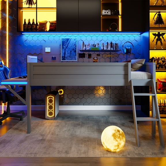 Wood Twin/Full Size Gaming Loft Bed with Desk and LED, Grey