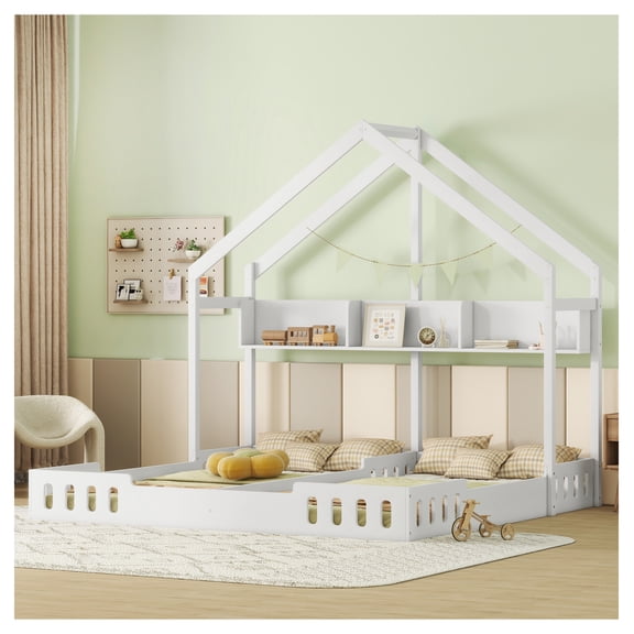 Wood Twin House Platform Beds, Two Shared Beds with Shelves & Guardrail, Creamy White, Box Spring Not Required