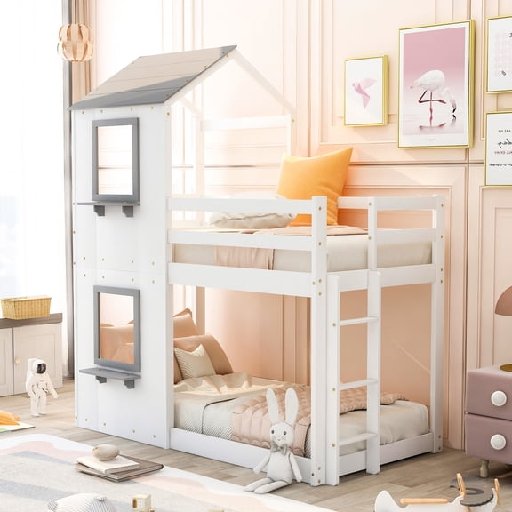 Wood Twin Over Twin Bunk Bed with Playhouse Design | Ideal for Relaxing and Playing | Features a Natural Wood Grain Look