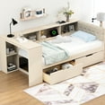 thumbnail image 1 of Wood Twin Platform Bed In Cream With Storage Areas, Drawers & Charging Station, Upholstered Headboard Size Headboard, Storage, Installation, 1 of 6