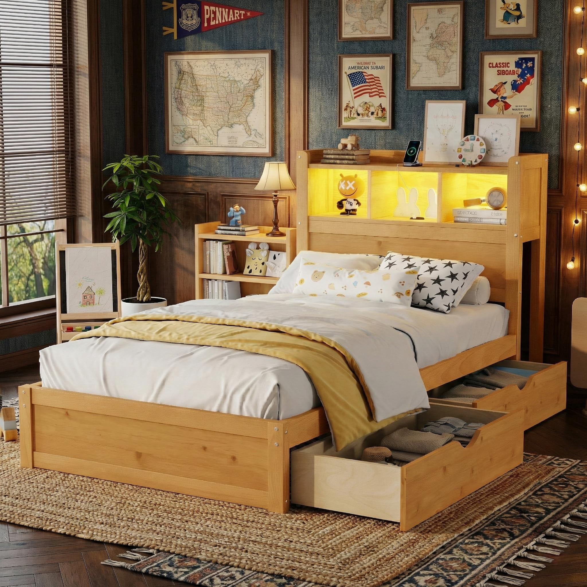 Wood Twin Platform Bed with Storage Drawers, Twin Bed Frame with ...