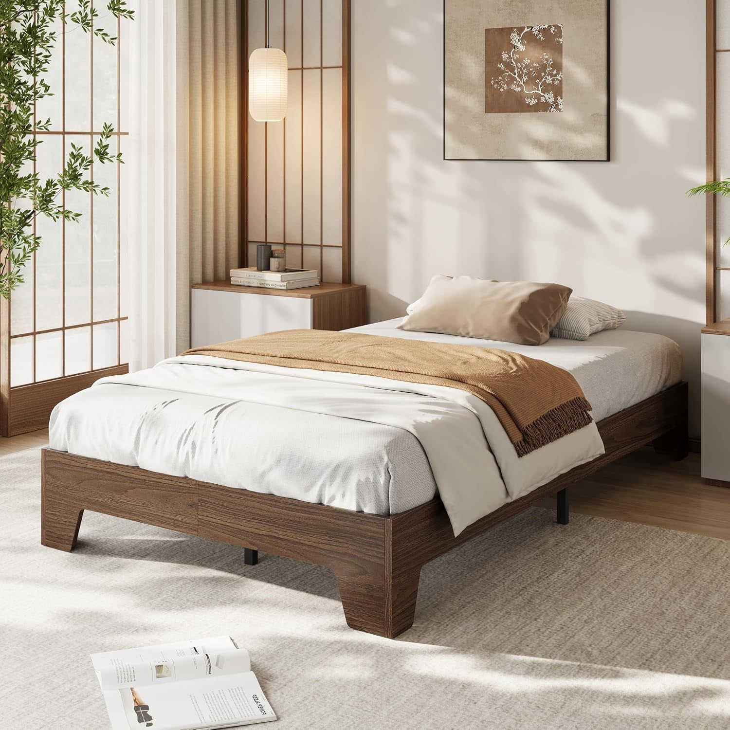 Wood Twin Size Bed Frame, Platform Nature Bed with Strong Wooden Slats,No Box Spring Needed,Minimalist Bedroom Furniture,Contemporary Wooden Bed Frame,Easy Assembly