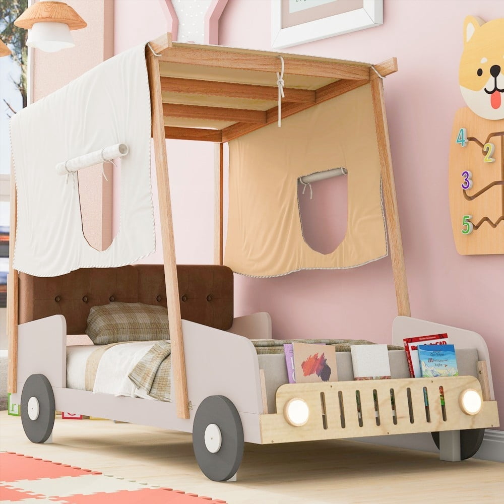 Wood Twin Size Car Bed with Pillow & LED - Sturdy & Fun