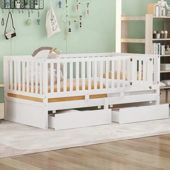Wood Twin Size Daybed featuring Fence Guardrails & 2 Drawers, Split Option, Sturdy & Safe (White)