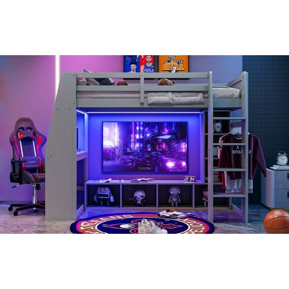 Wood Twin Size Gaming Loft Bed with Desk and Two Sizes Cabinets, Multi-function Loft Bed Frame with Widened ladder, LED Light Strip, and a Hanging Clothes Rack for Bedroom Dorm, Twin Size.