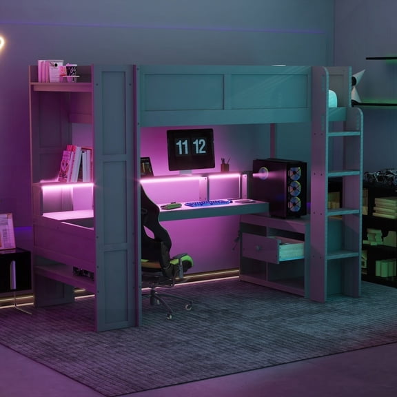Wood Twin Size Gaming Loft Bed|Multi-storage & LED|Dark Gray