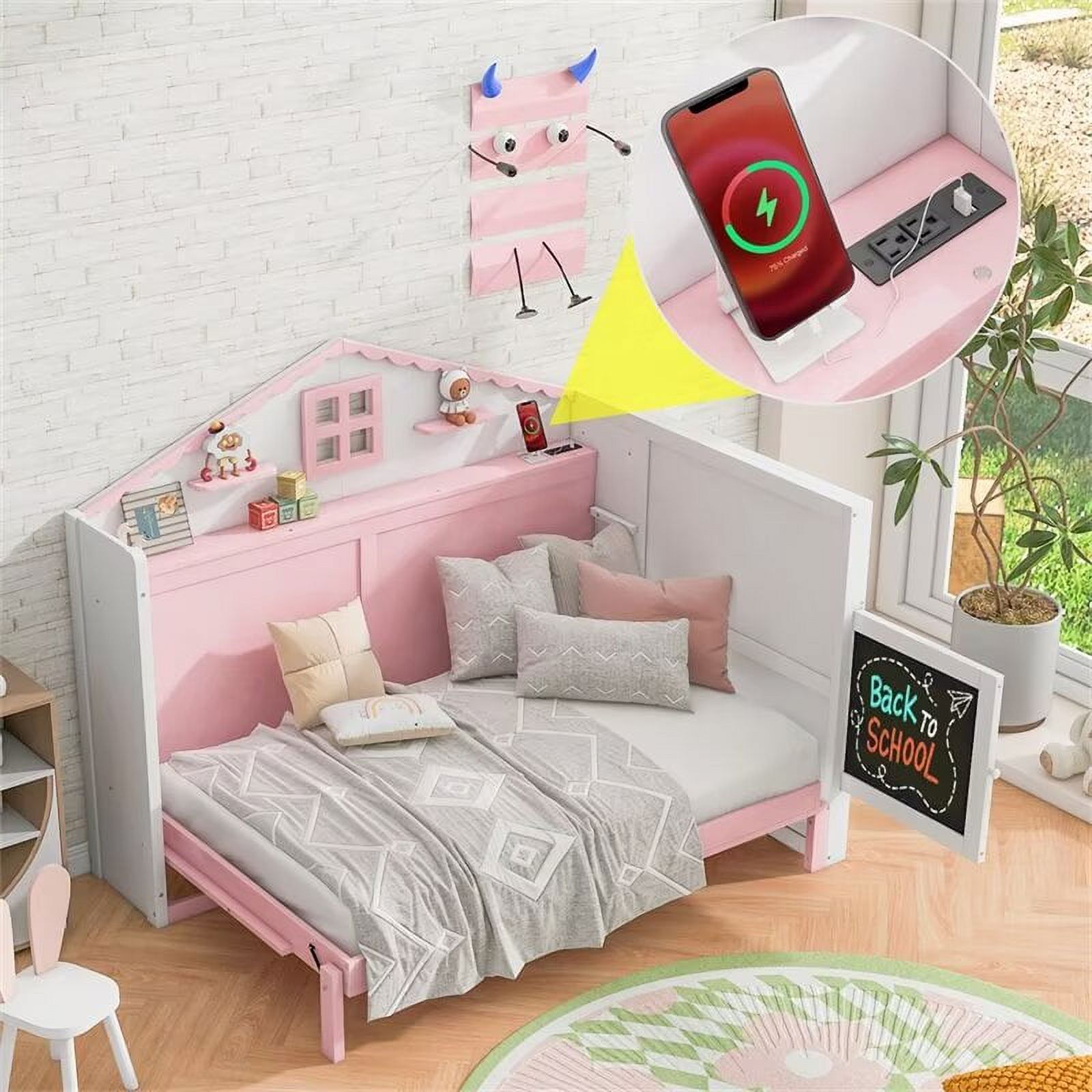 Wood Twin Size House Bed with USB, Storage Shelves and Blackboard