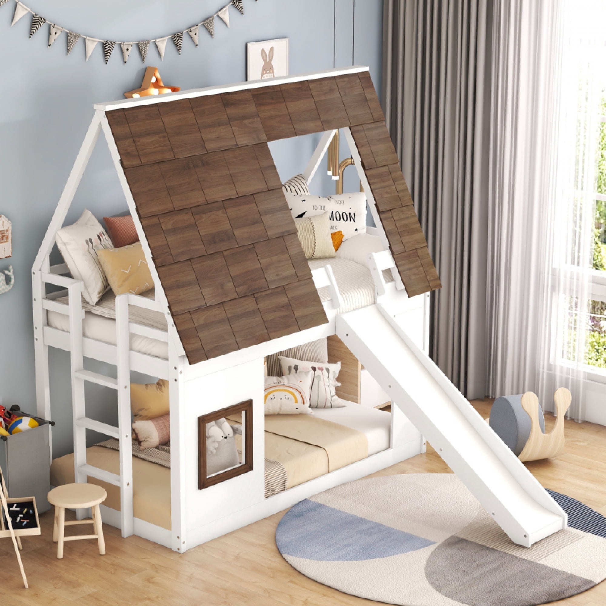Wood Twin Size House Bunk Bed with Roof, Ladder and Slide, White+Brown ...