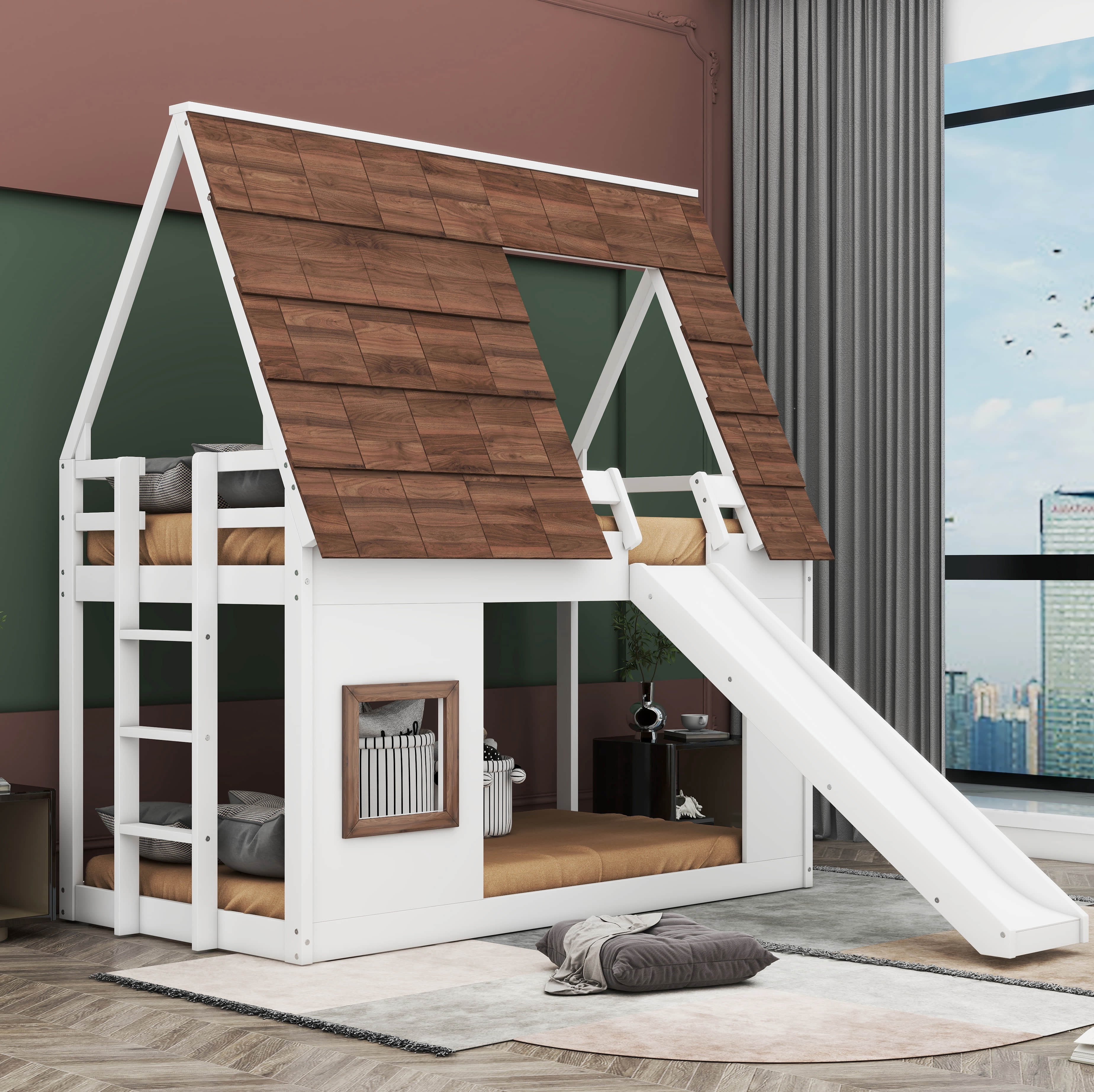 Wood Twin Size House Bunk Bed with Roof, Ladder and Slide - Walmart.com