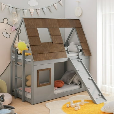 Wood Twin Size House Bunk Bed with Window Roof Shape Design, Ladder and Slide, Brown+Gray