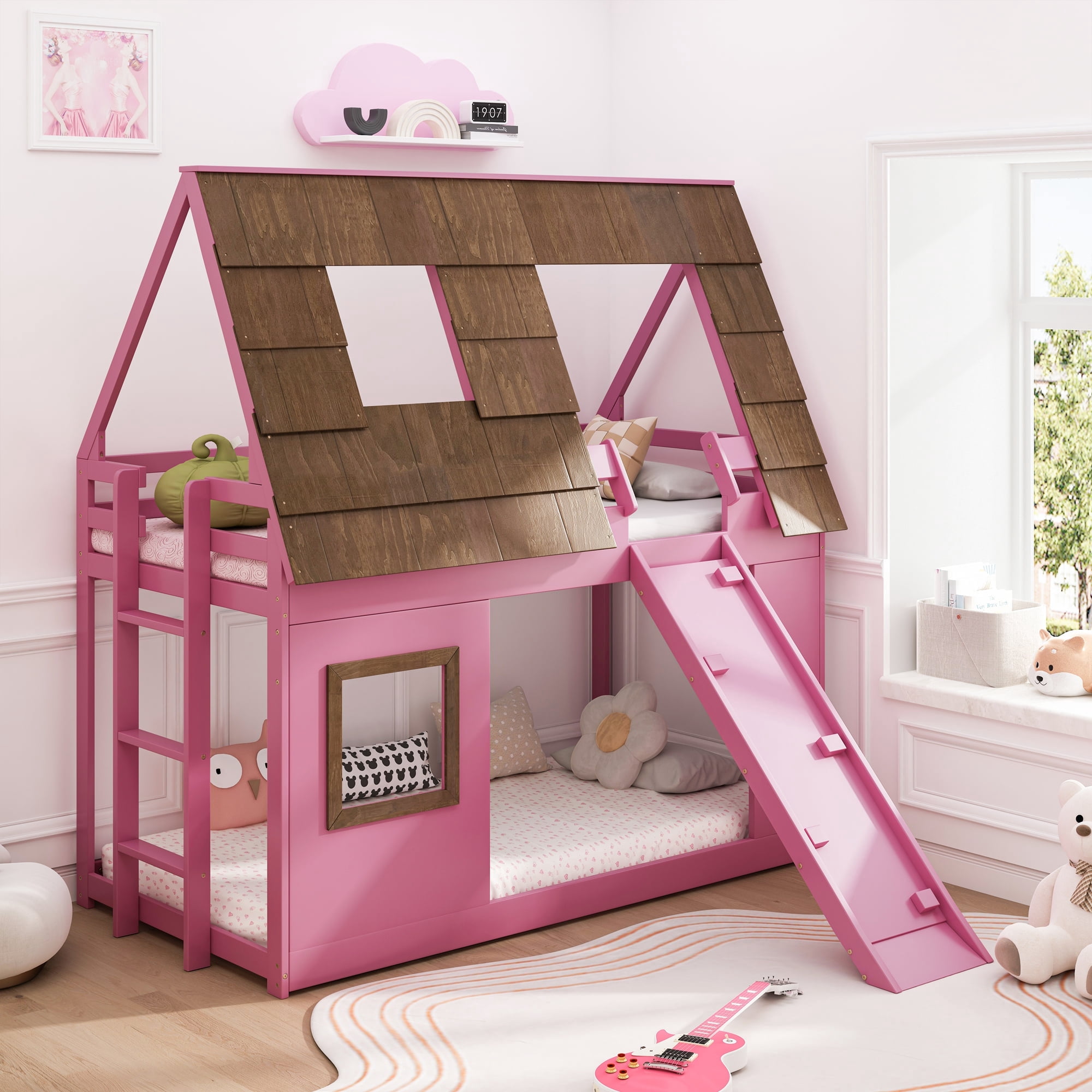 Wood Twin Size House Bunk Bed with Window Roof Shape Design, Ladder and ...