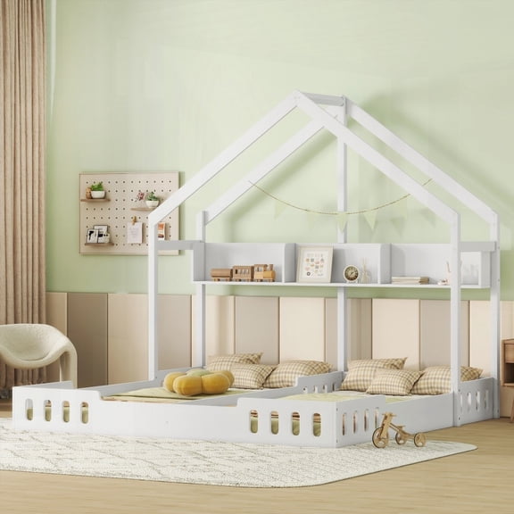 Twin Size Pine Wood Platform Bed with Shelves and Guardrail, Creamy White