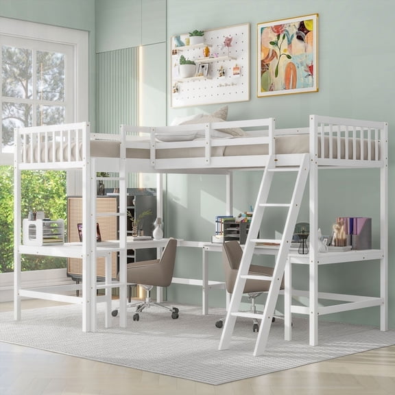 Twin Size Pine Wood L-Shaped Loft Bed with Ladder and 2 Built-in Desks, White for Bedroom