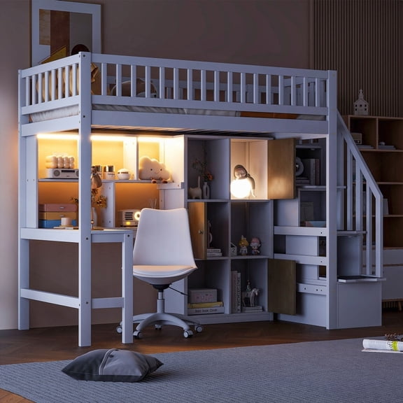 Wood Twin Size Loft Bed Boasting Built-in Desk, LED, & Secure Storage Solutions, White
