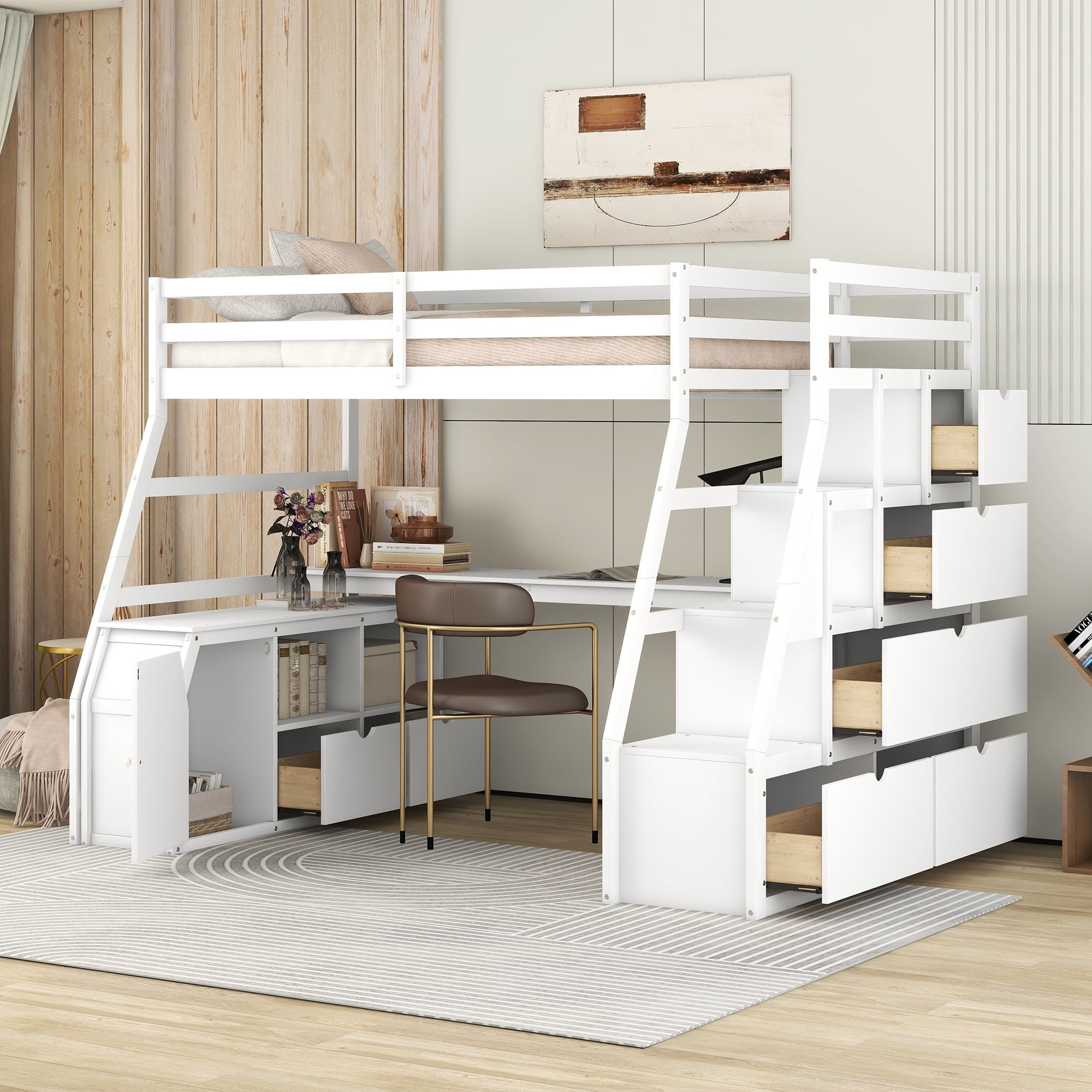 Wood Twin Size Loft Bed with Desk and Stairs for Kids Teens Stairway Bed Frame with Storage 7 Drawers and 2 Shelves Multi functional High Loft Bed