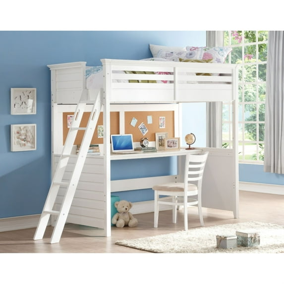 Wood Twin Size Loft Bed with Desk, White