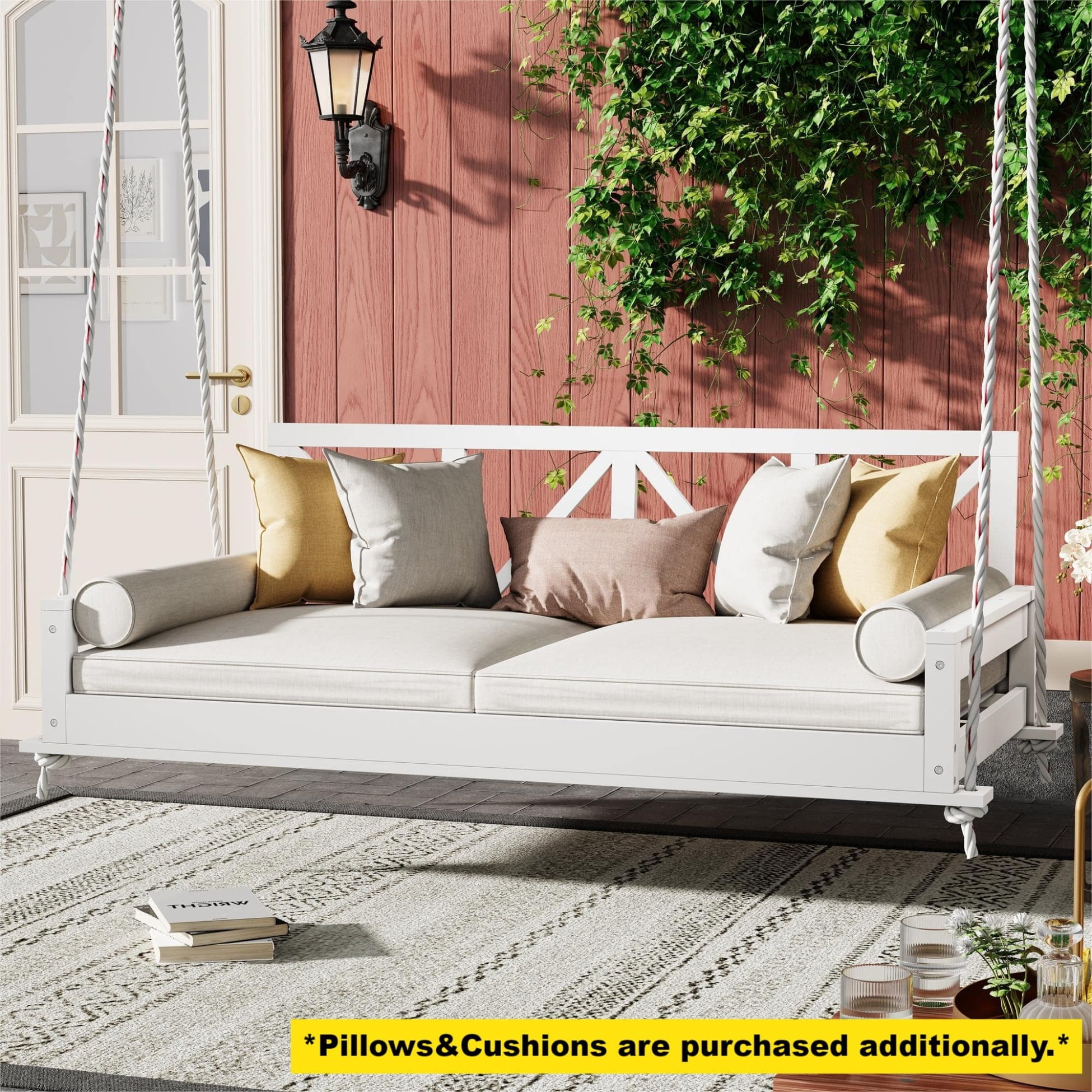 Minimalist Wood Porch Swing Bed, Twin Size Outdoor Hanging Bed