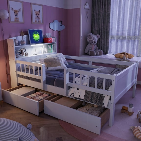 Wood Twin Size Platform Bed - Built-in LED Light & 2 Drawers, White
