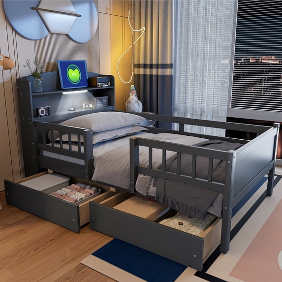 Luckynote Twin Solid Wood Platform Bed, with Headboard Storage, LED Light, Guard, and Drawers, Gray