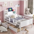 thumbnail image 1 of Wood Twin Size Platform Bed with Built-in LED Light, Multi-functional Headboard, Guardrail and 2 Drawers, White, 1 of 14