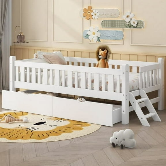 Luckynote Twin Solid Wood Bed Frame, with Rails and 2 Drawers, White