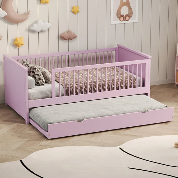 Wood Twin Size Platform Bed with Guardrail and Trundle, Pink