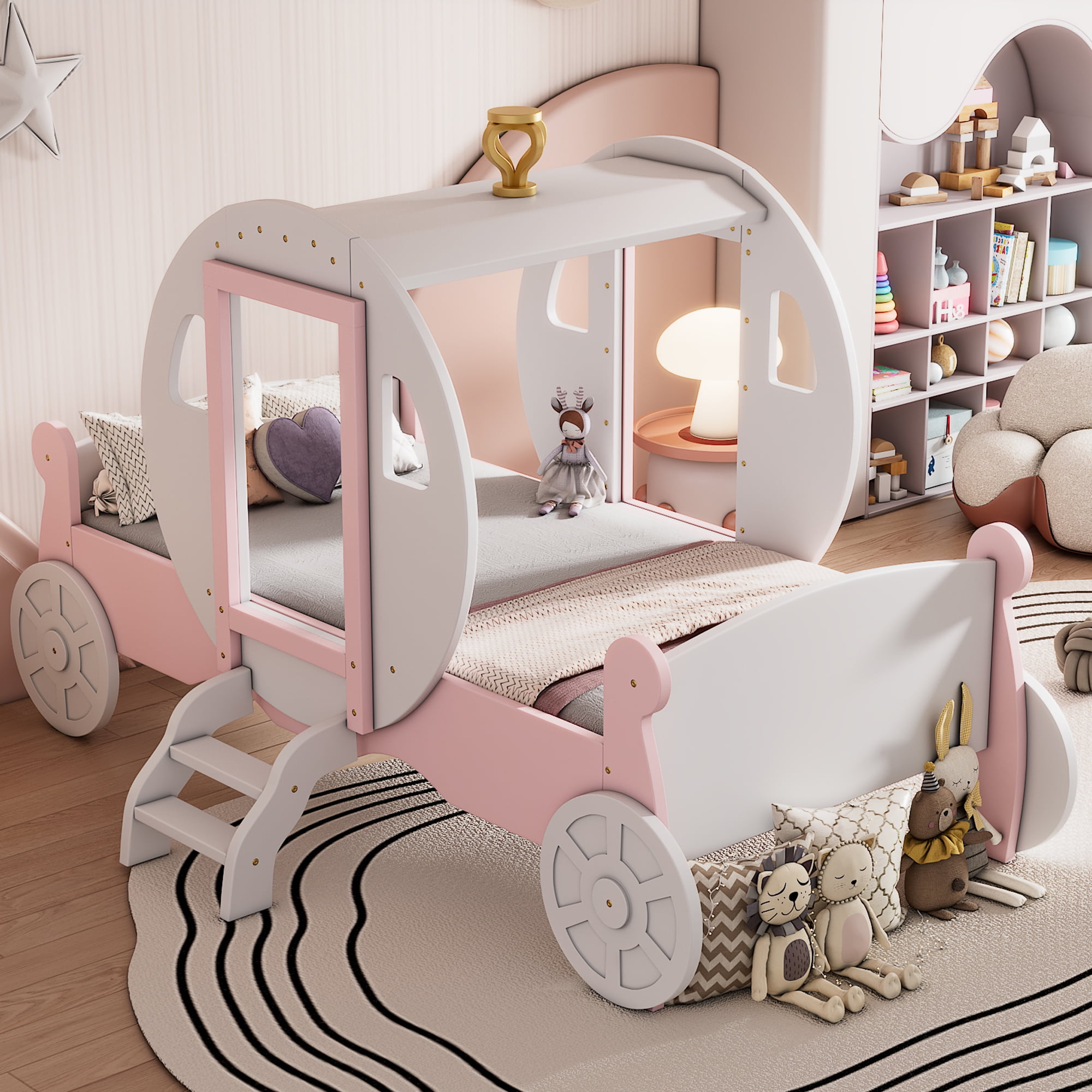 Wood Twin Size Princess Carriage Bed with Crown, Fairy tale Twin