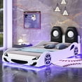 thumbnail image 1 of Wood Twin Size Race Car Bed with LED and Upholstered Backrest,  Car-Shaped Platform Bedframe with Wheels and Rails,White, 1 of 7