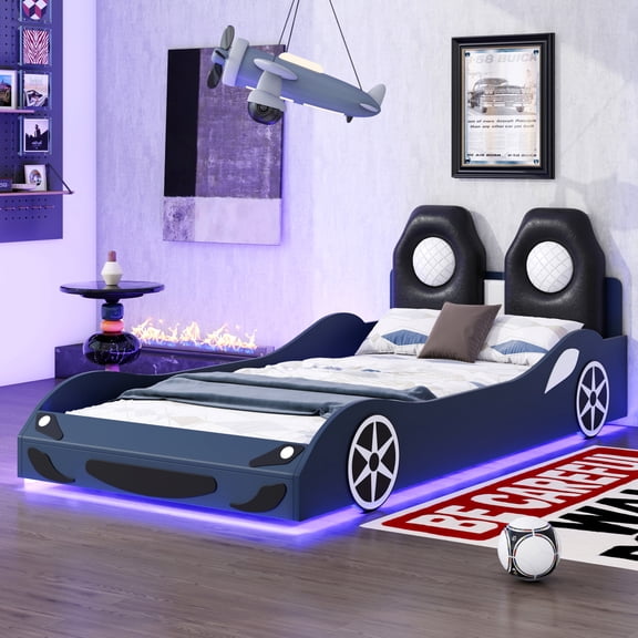 Wood Twin Size Race Car-Shaped Platform Bed with LED and Upholstered Backrest, Blue