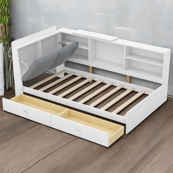Wood Twin Size platform bed with Storage Headboard, Shelves and 2 Drawers, White