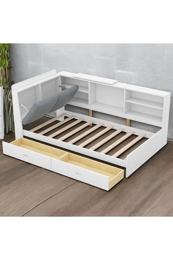 Wood Twin Size platform bed with Storage Headboard, Shelves and 2 Drawers, White