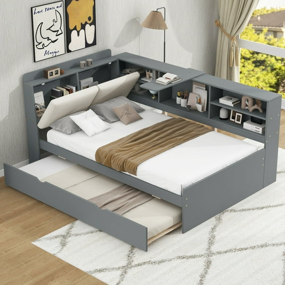 Wood Twin Size platform bed with Trundle, Shelves and Storage Headboard, Gray