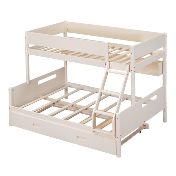 Wood Twin over Full Bunk Bed with Storage Shelves and Twin Size Trundle ...