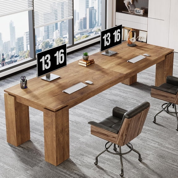 Wood Two-Person Office Desk, Modern Double Computer Desk, Extra Long Workstation Table for Home Office