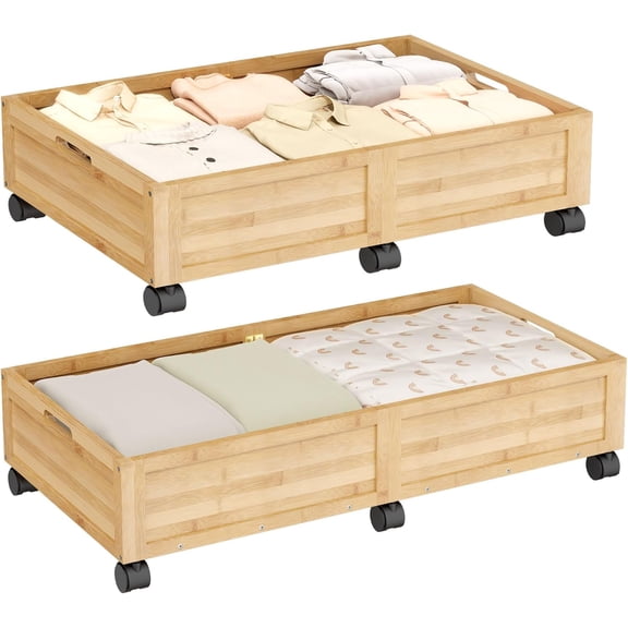 Wood Under Bed Storage Containers Underbed Organizer with Wheels Sturdy Wood Rolling Under Bed Shoe Storage Organizer 2 Packs (Nature, Large)