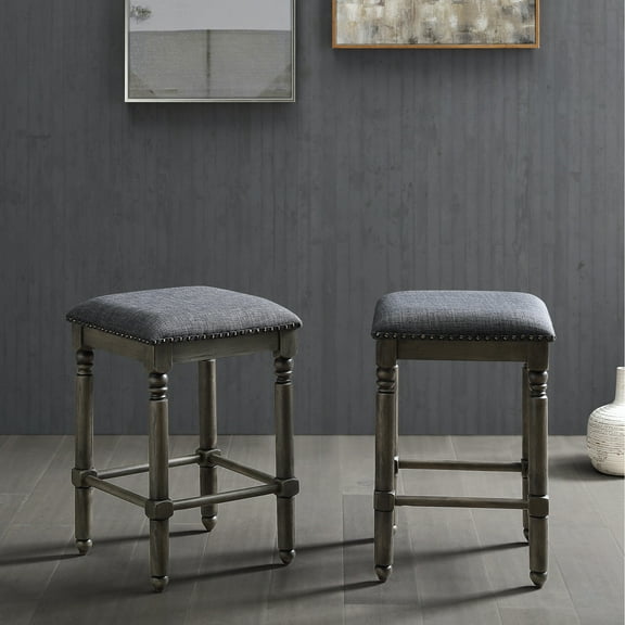 Wood Upholstered Counter Height Stools, Of 2, Grey - Tan Fabric Seat With Bronze Nailhead Trim, Solid Rubber & Plywood Construction, Rustic Chic Design, 16"w X 16"d 23.53"h, Assembly Required 2