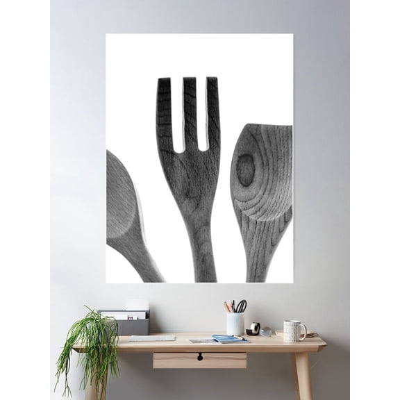 Wood Utensil, Black White Kitchen, Cooking Spoon And Fork Photography Poster Wall Art, Modern Wall Decor For Living Room Bedroom, 12x18 UNFRAMED