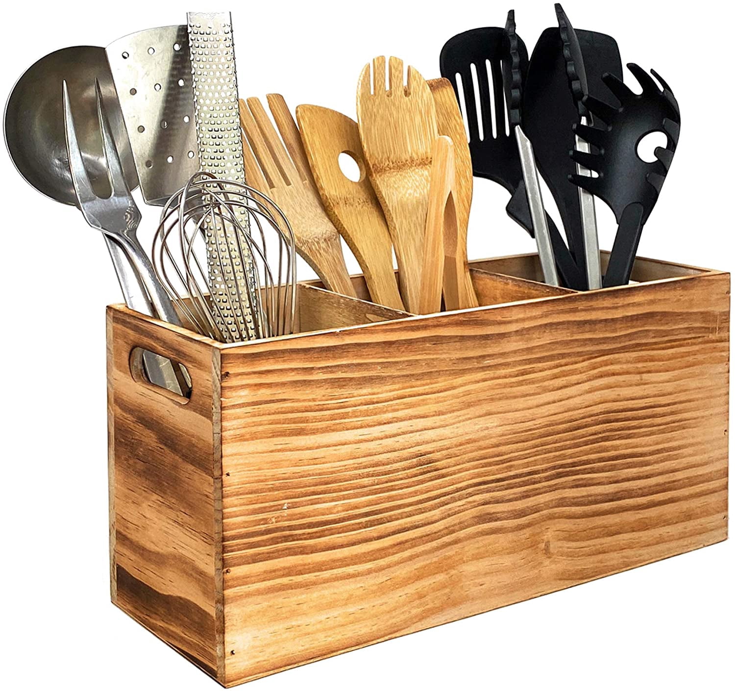 Wood Utensil Holder Organizer for Counter - Large Wooden Utensil Caddy ...