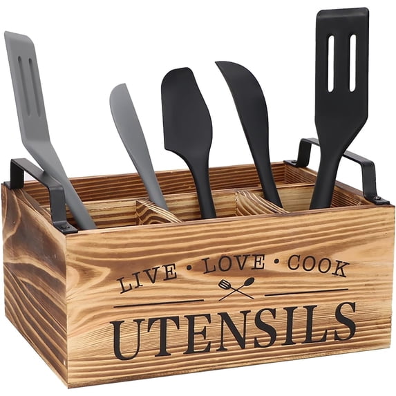 Wood Utensil Holder, Silverware Organizer with 4 Compartments for Kitchen Counter, Farmhouse Wood Flatware Utensil Organizer Storage Box for Silverware Fork Spoon Spatula.
