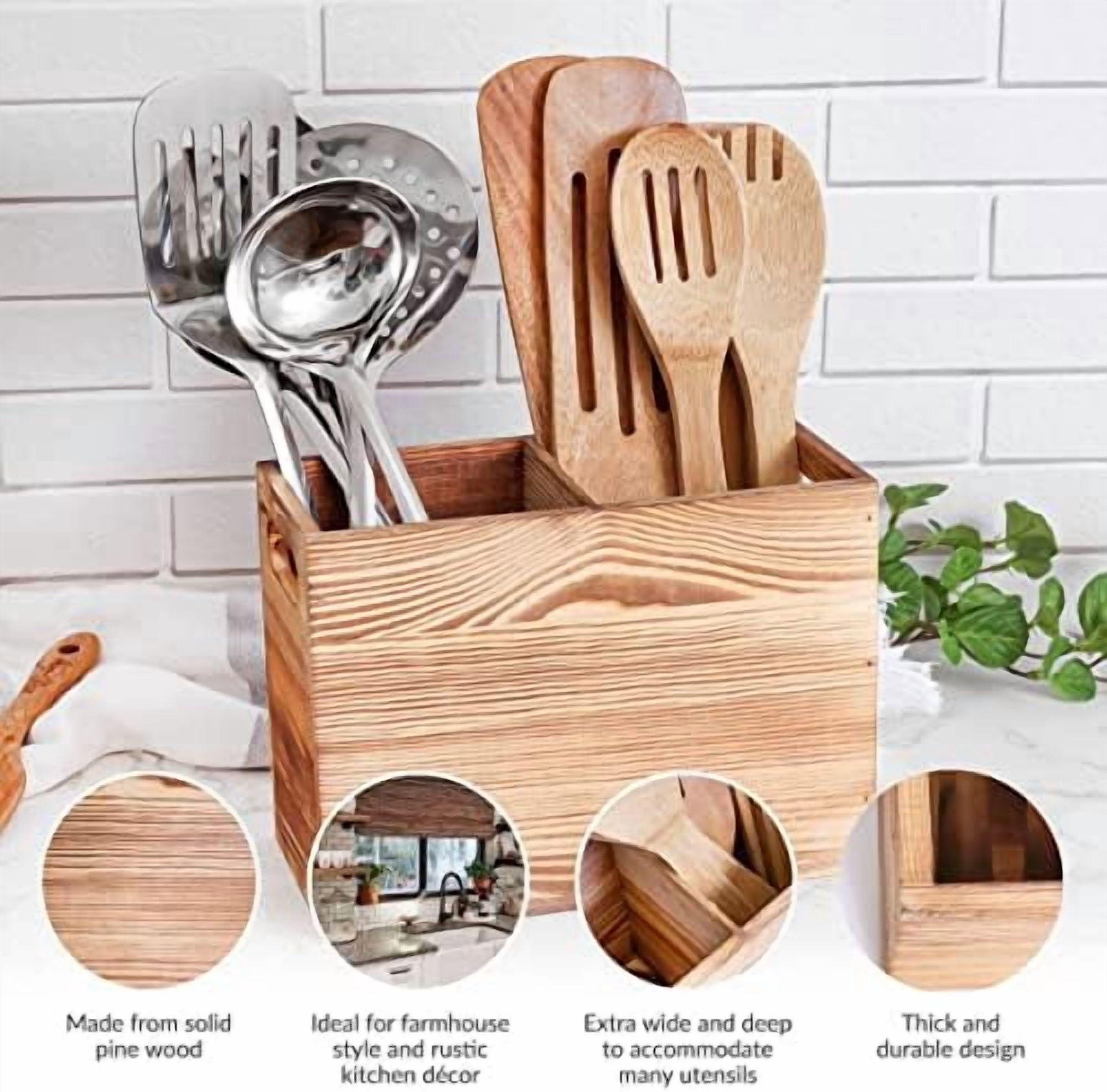 Wood Utensil Holder for Kitchen Counter - 2 Compartment Large Utensil Crock Organizer for Countertop - Tool Holder for Spatula - Farmhouse Decor