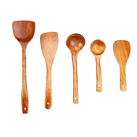 Wood Utensils Set for Cooking 5-Piece Wooden Kitchen Tools with Ergonomic Handle Safe Kitchen Utensils Set Heat-Resistant for Pots and Pans