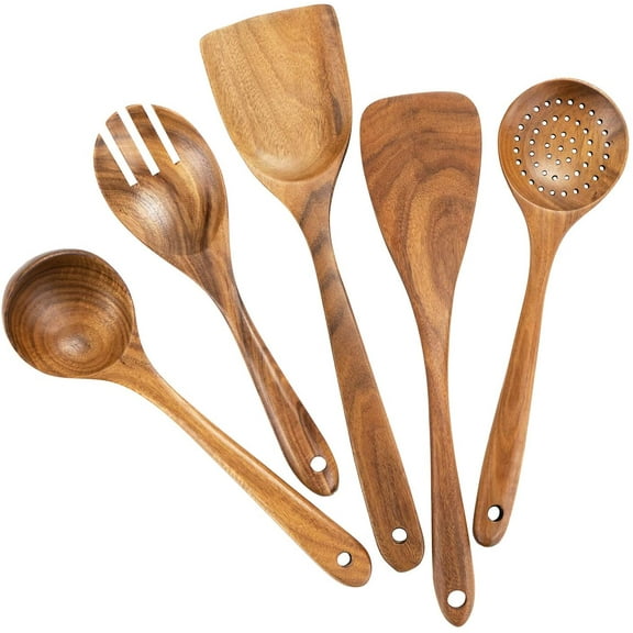 Wood Utensils Set for Cooking, Teak Wooden Spatula Nonstick Cookware Kitchen 5
